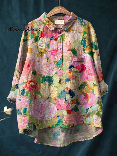 Women's Colorful Flower Print Casual Cotton And Linen Shirt