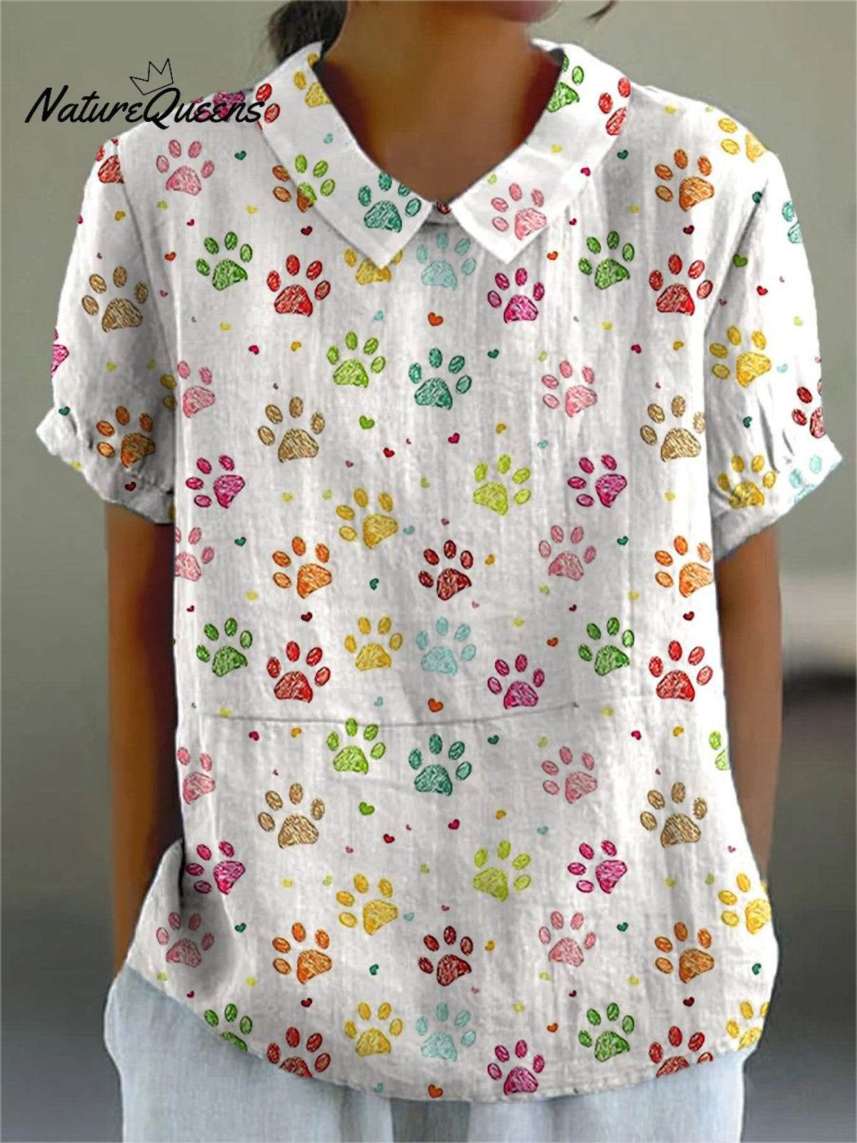 Lovely Animal Paws Pattern Printed Women's Casual Cotton And Linen Shirt