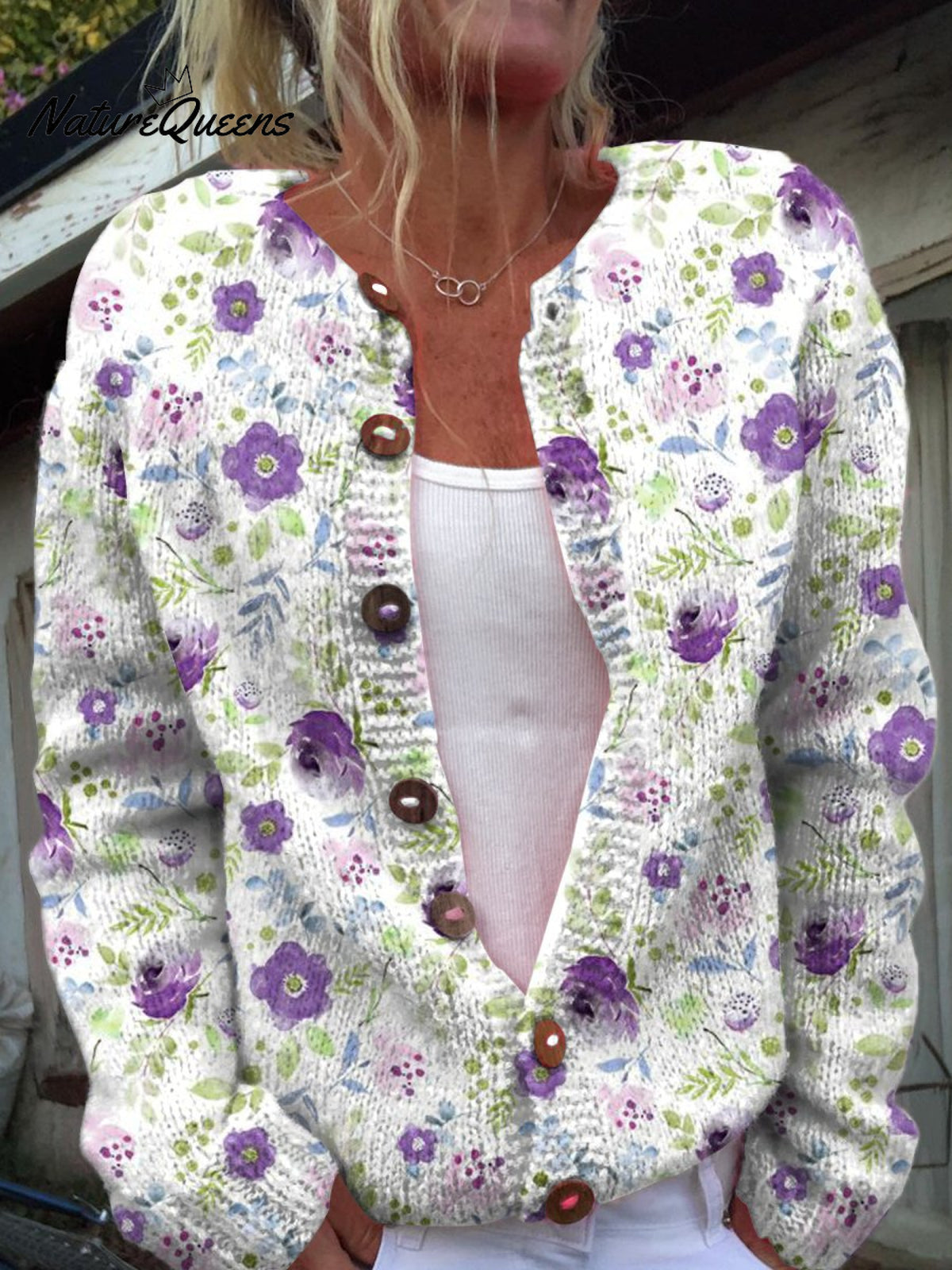 Purple Fresh Watercolor Florets Print Buttoned Cardigan Sweater