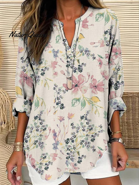 Women's Elegant Pink Floral Element Print Casual Linen V-neck Shirt