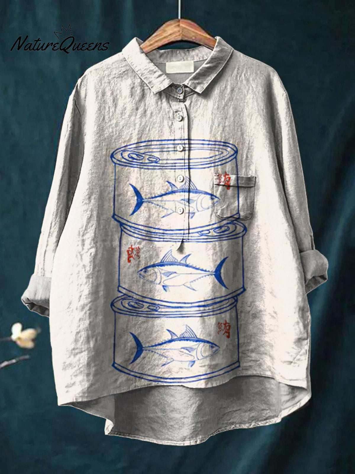 Women's Tuna Fish Sardines Vintage Fish Art Vintage Print Casual Cotton And Linen Shirt