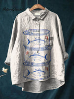 Women's Tuna Fish Sardines Vintage Fish Art Vintage Print Casual Cotton And Linen Shirt