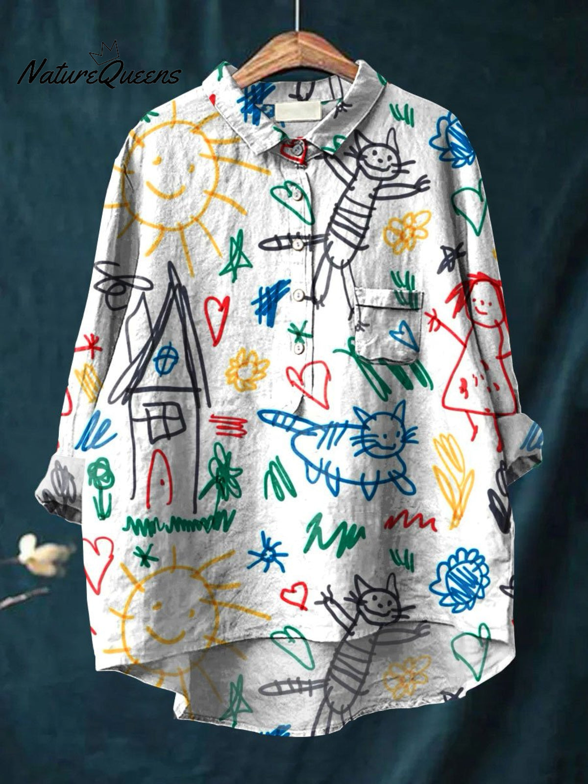 Cute Kid Drawing Art Printed Women's Casual Cotton And Linen Shirt