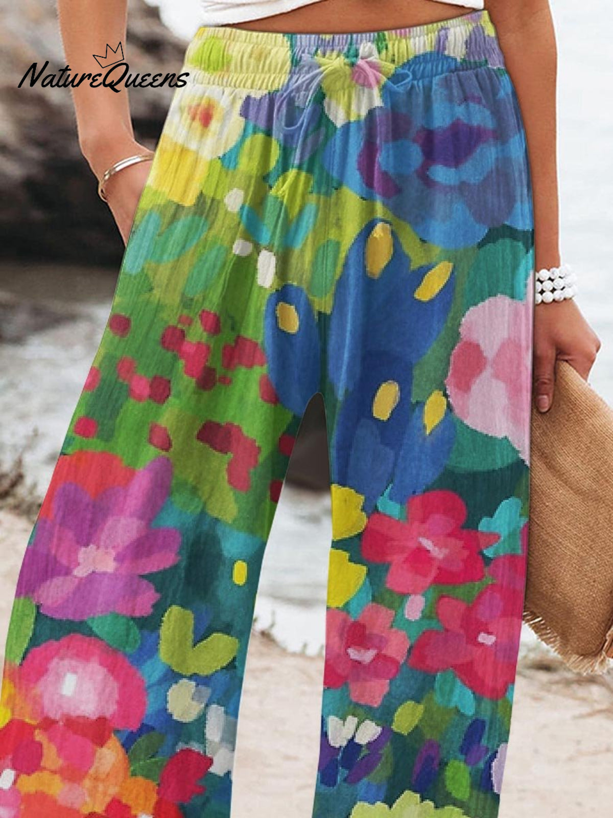 Women's Flower Printed Cotton And Linen Casual Pants
