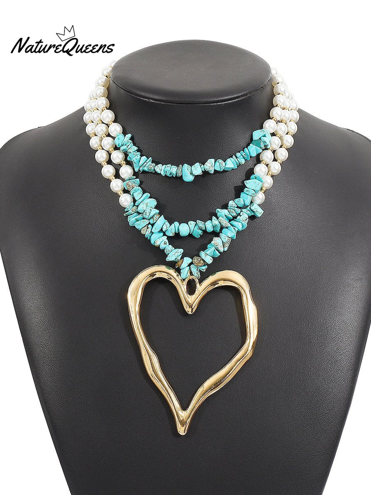 Bohemian Multi - Layered Large Heart Beaded Necklace Blue1 / Onesize