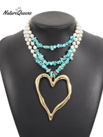 Bohemian Multi - Layered Large Heart Beaded Necklace Blue1 / Onesize