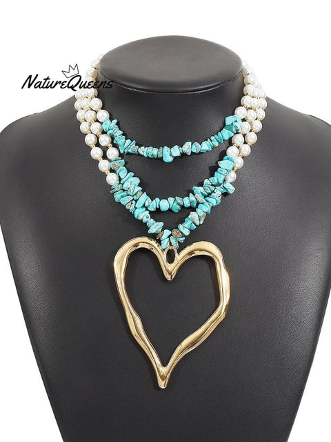 Bohemian Multi - Layered Large Heart Beaded Necklace Blue1 / Onesize