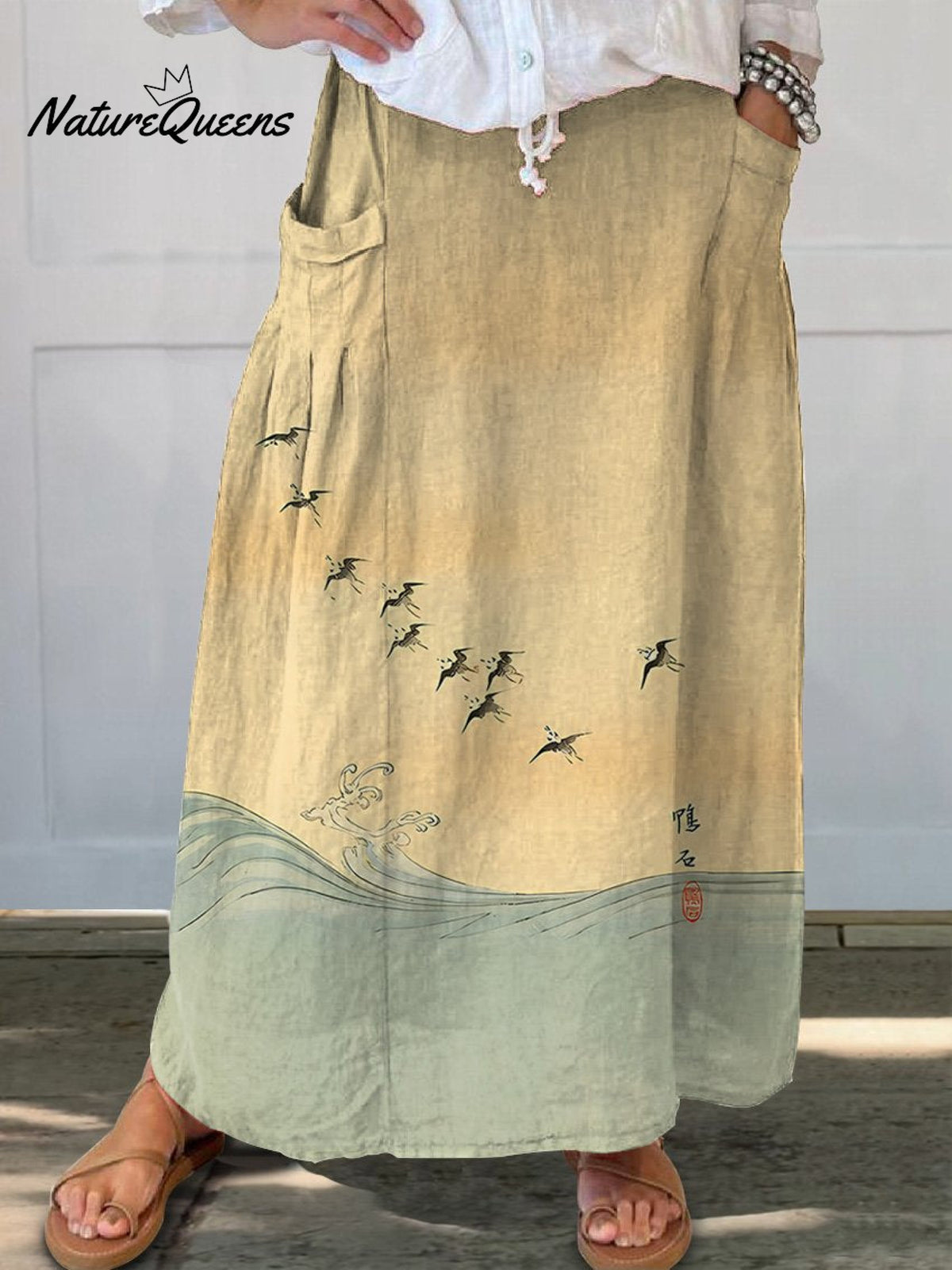 Women's Retro Waves Seabirds Japanese Art Graphic Linen Pocket Skirt