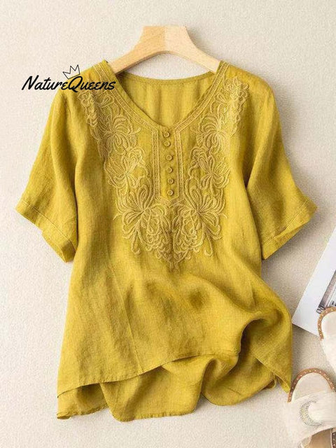 Women's Cotton And Linen Short Sleeve Embroidery Blouse