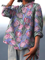 Women's Vintage Lovely Tulips Art Print Casual Cotton And Linen Shirt