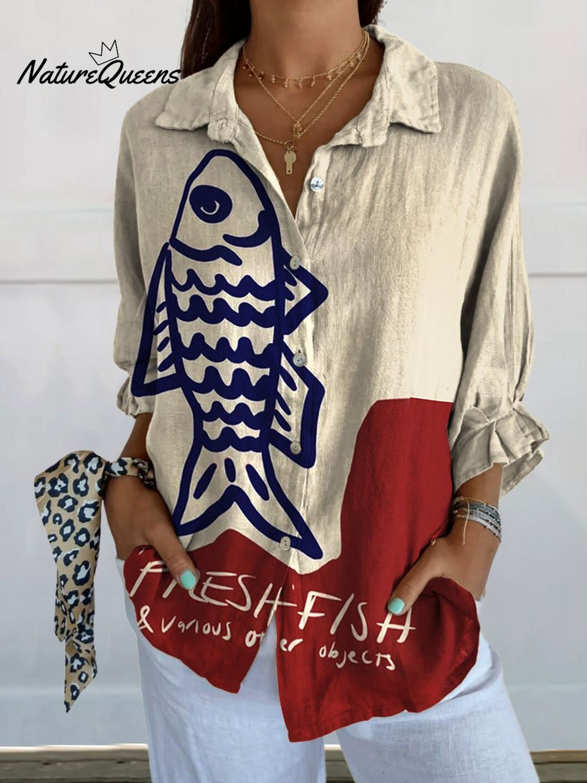 Women's Vintage Fish Art Print Casual Linen V-neck Shirt