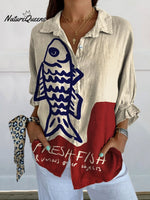 Women's Vintage Fish Art Print Casual Linen V-neck Shirt