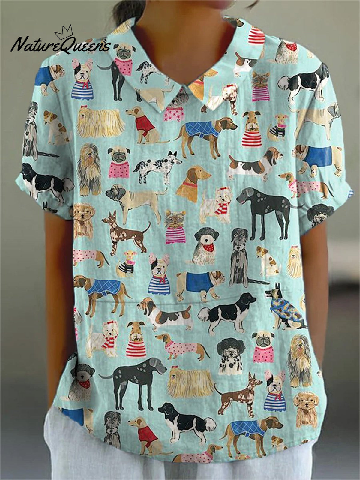 Lovely Puppy Dogs Pattern Printed Women's Casual Cotton And Linen Shirt