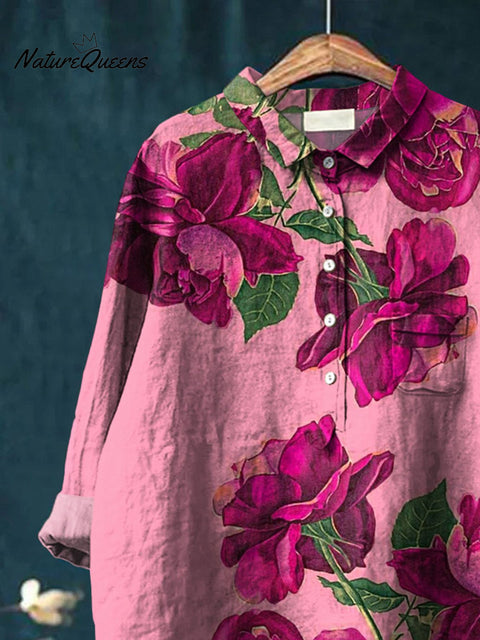 Women's Flower Art Print Casual Cotton And Linen Shirt