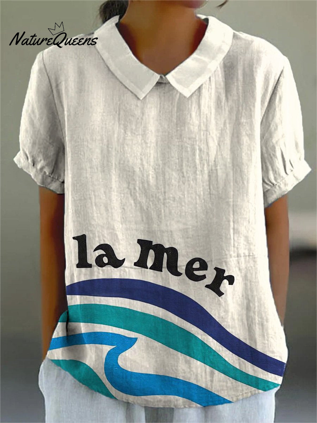Simple Sea Letter And Graphic Printed Women's Casual Cotton And Linen Shirt