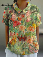 Women’s Retro Floral Art Print Casual Cotton And Linen Shirt Multicolor / S