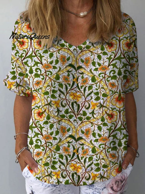 Women's Floral Art Print Casual Cotton And Linen Shirt