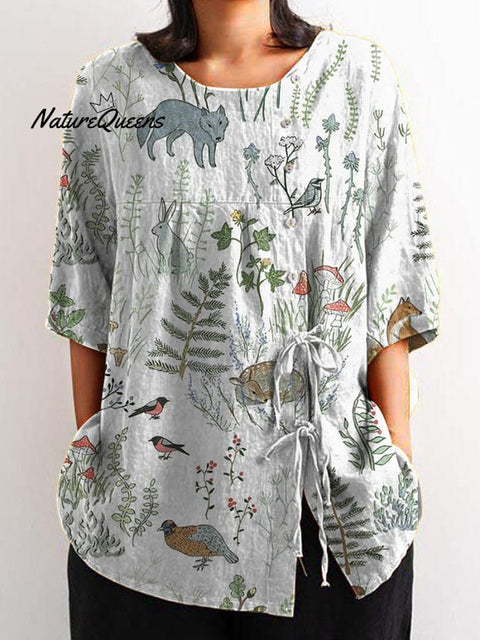 Woodland And Animals Repeat Pattern Printed Women's Casual Cotton And Linen Shirt