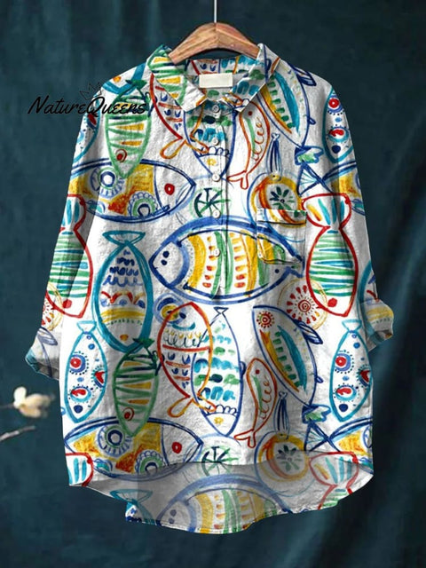 Women's Fish Art Print Casual Cotton And Linen Shirt