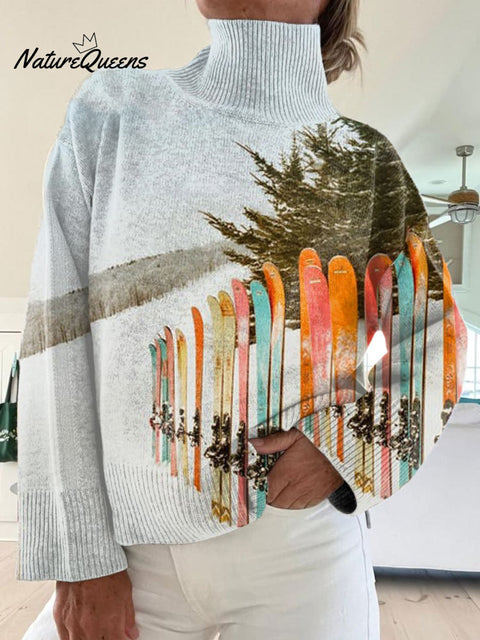 Retro Apres Ski  Art Print Knit Turtleneck Pullover Sweater
