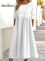 Cotton And Linen Casual Short Sleeve Pocket Pleated Loose Round Neck Dress White / S