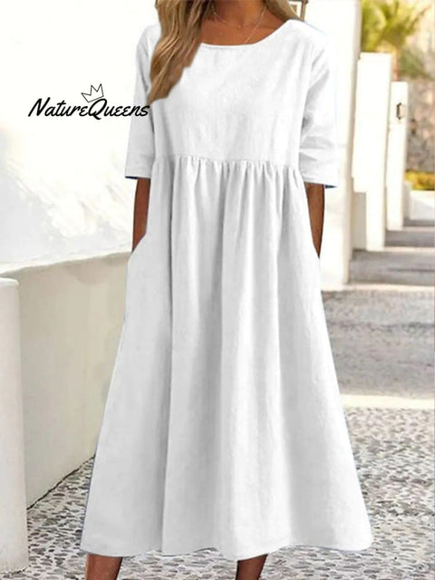 Cotton And Linen Casual Short Sleeve Pocket Pleated Loose Round Neck Dress White / S