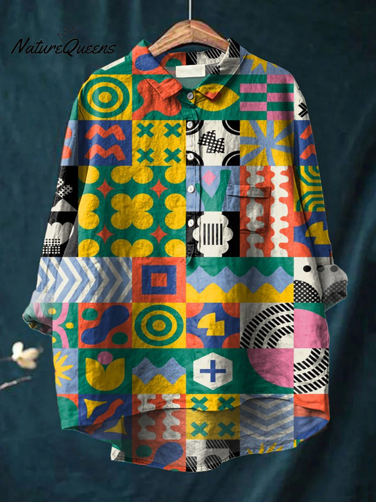 Women's Colorful Retro Square Patchwork Illustration Print Casual Cotton And Linen Shirt