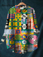 Women's Colorful Retro Square Patchwork Illustration Print Casual Cotton And Linen Shirt