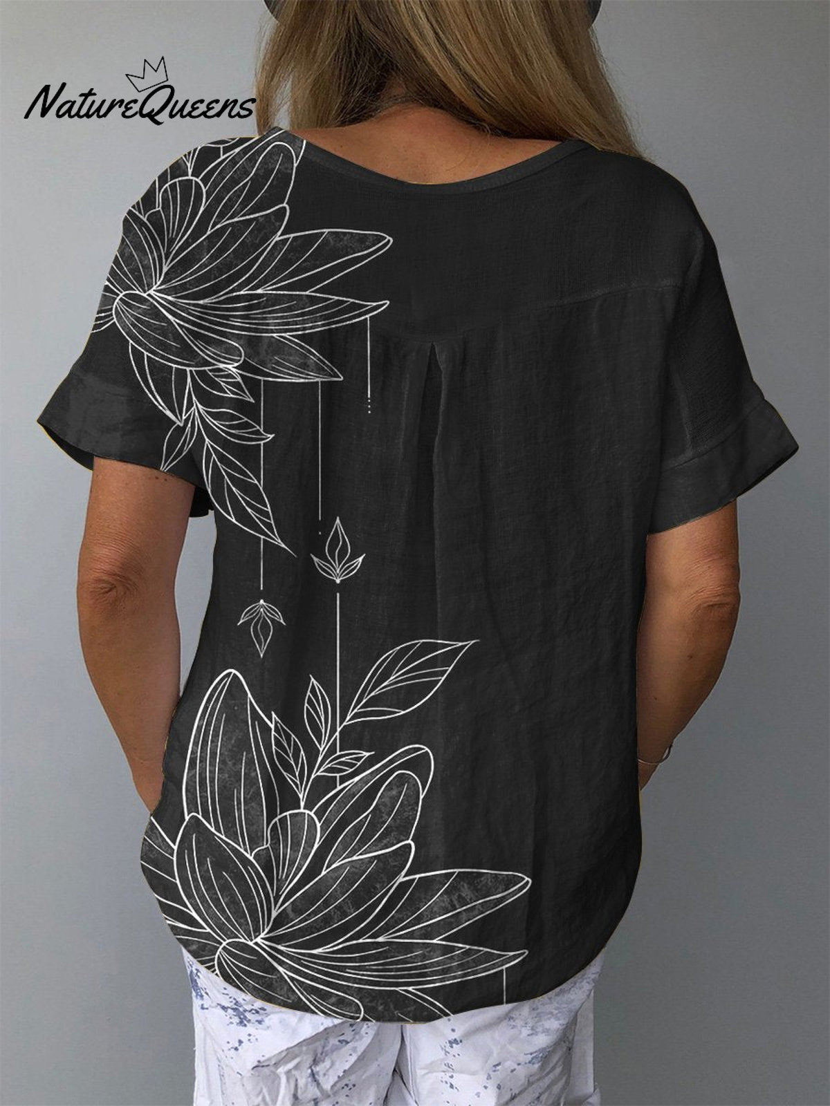 Line Drawing Water Lily Art Printed Women’s Casual Cotton And Linen Shirt