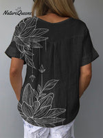 Line Drawing Water Lily Art Printed Women’s Casual Cotton And Linen Shirt