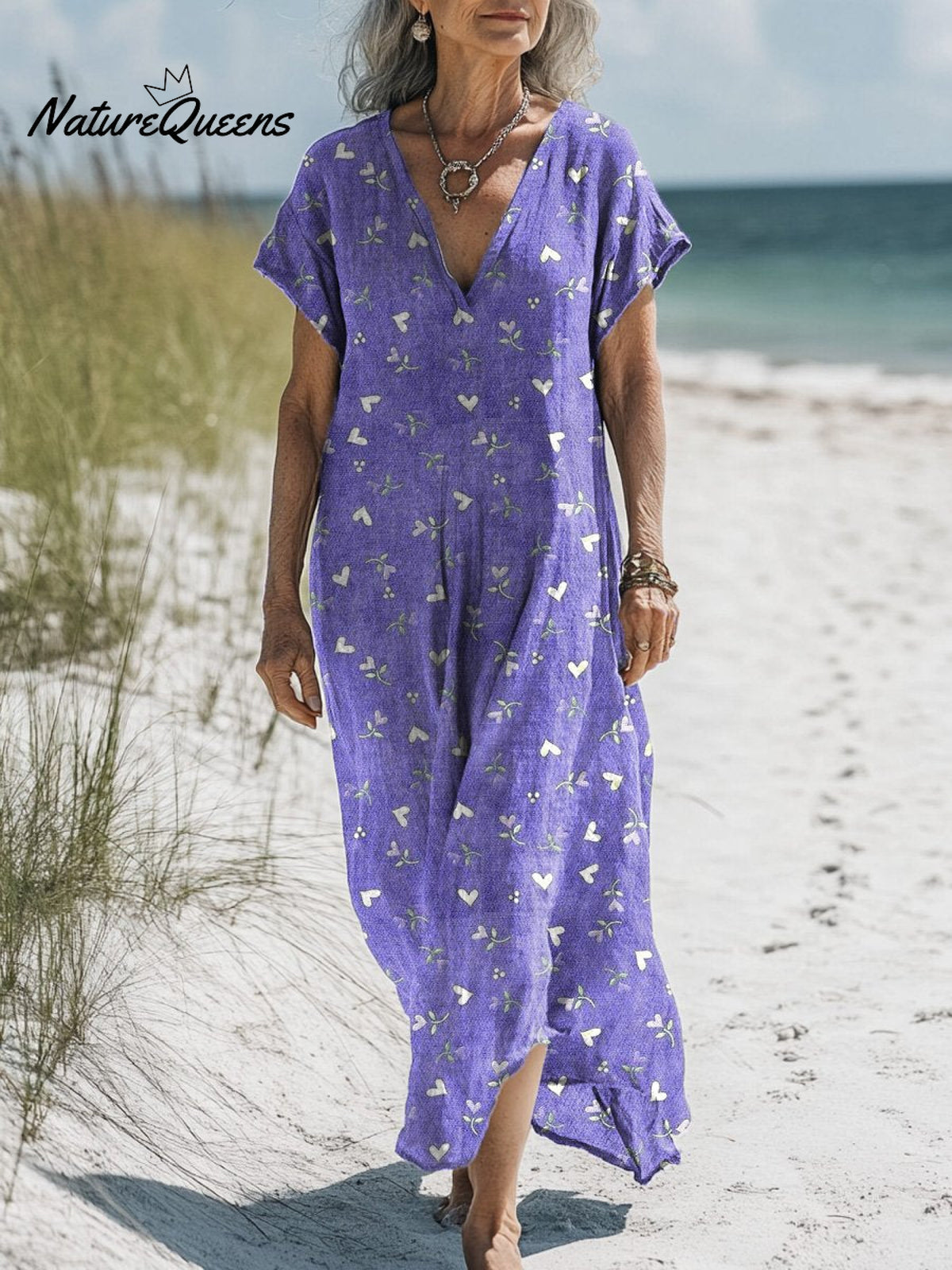 Lilac Floral And Heart Pattern Printed Women's Pocket Cotton Dress