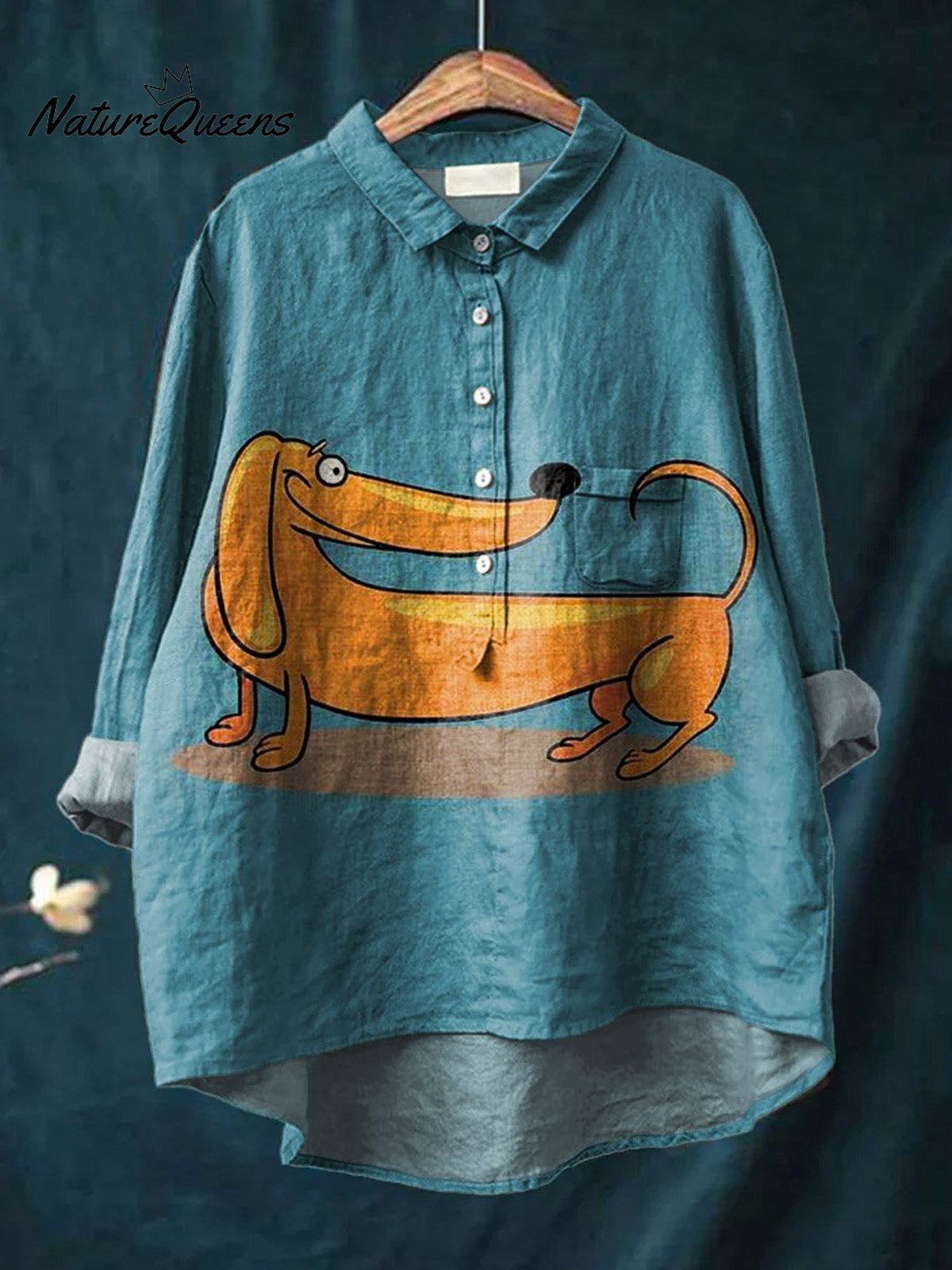 Vintage Lovely Dachshund Art Print Casual Cotton And Linen Shirt