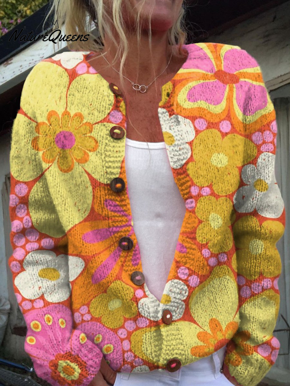 Retro Style Groovy Floral Pattern Print Buttoned Cardigan Sweater