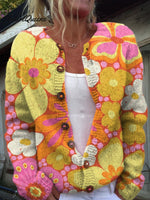 Retro Style Groovy Floral Pattern Print Buttoned Cardigan Sweater