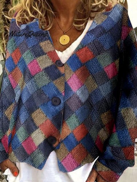 Retro Geometry Art  Print Buttoned Casual Cardigan  Sweater