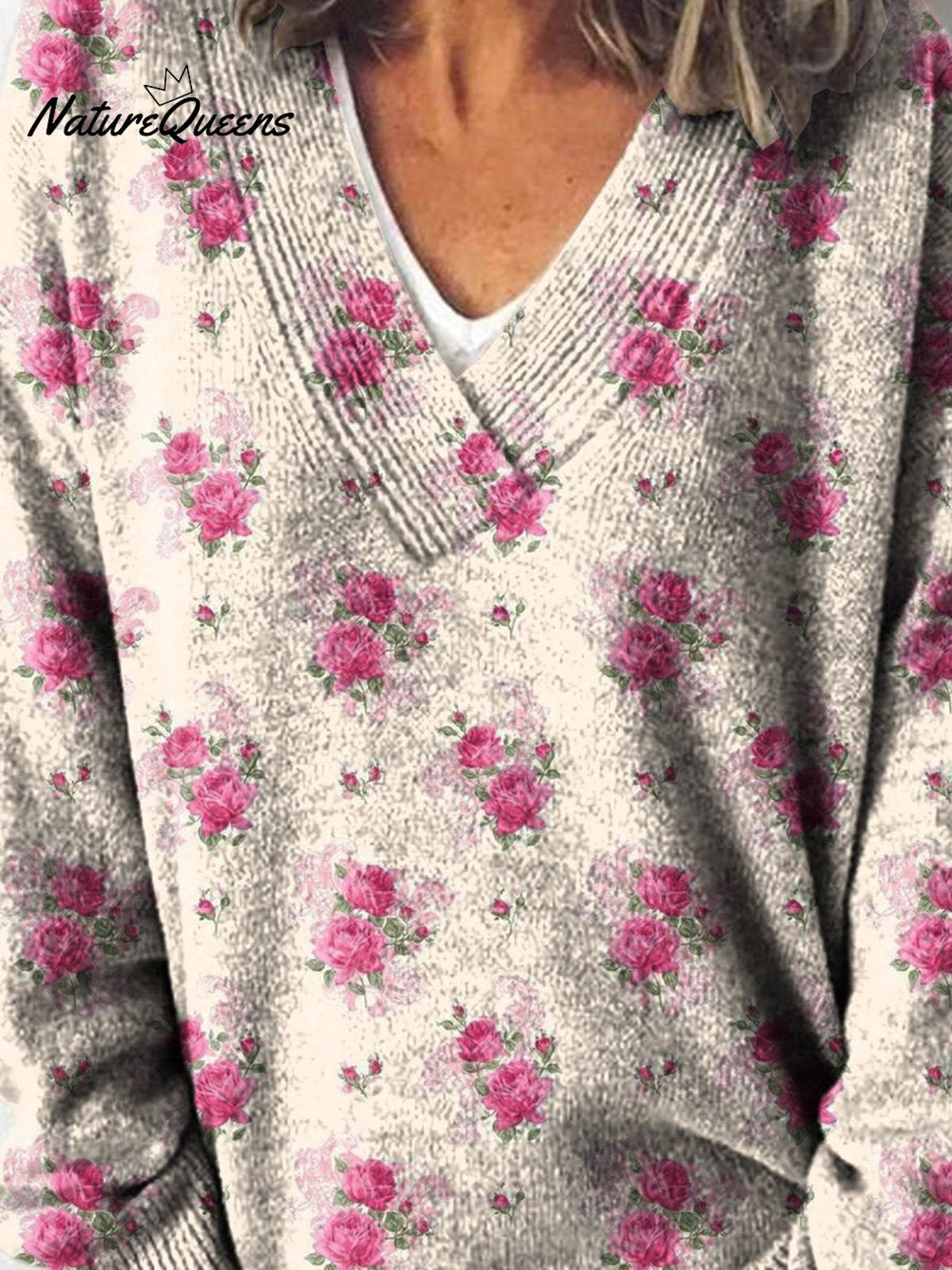 Watercolor French Rose Repeat Pattern Printed Knit V-neck Pullover Sweater
