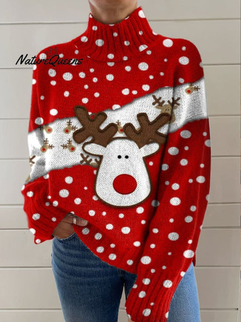 Christmas Red Polka Dot Cute Elk Print Knit Turtleneck Pullover Sweater