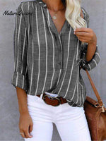 Women‘s Long Sleeve Blouse Ladies Fashion V - Neck Stripe Shirt Grey / S