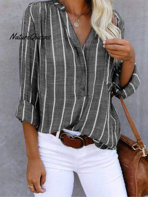 Women‘s Long Sleeve Blouse Ladies Fashion V - Neck Stripe Shirt Grey / S