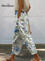 Watercolor Blue Floral Pattern Printed Women's 100% Cotton Casual Pants