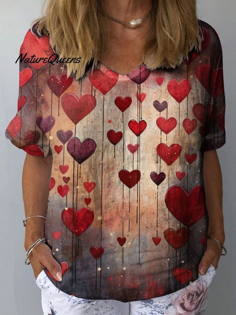 Women's Romantic Heart Art Print Casual Cotton And Linen Shirt