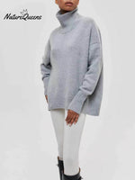 Women's Solid Color Stylish Long-sleeved Loose turtleneck Warm Casual Knitted Sweater