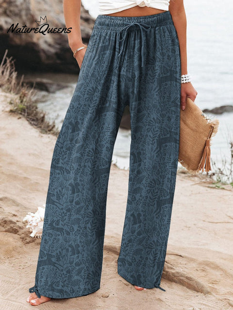 Batik Style Spring Woodland Pattern Printed Women’s Cotton And Linen Casual Pants Darkblue / S