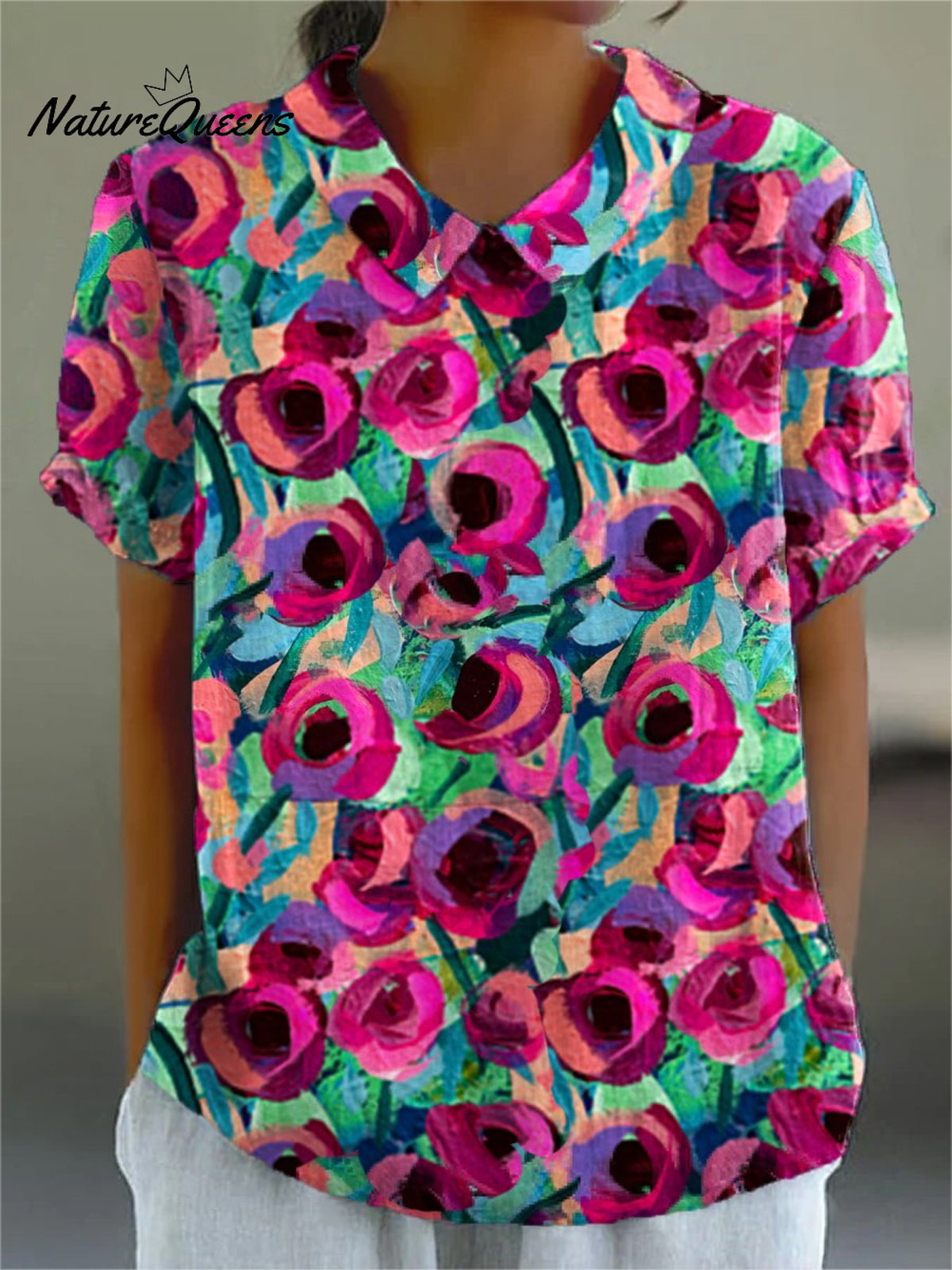 Women's Floral Art Print Casual Cotton And Linen Shirt