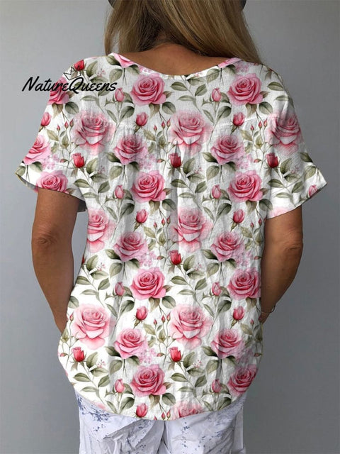 Watercolor Pink French Rose Pattern Printed Women's Casual Cotton And Linen Shirt