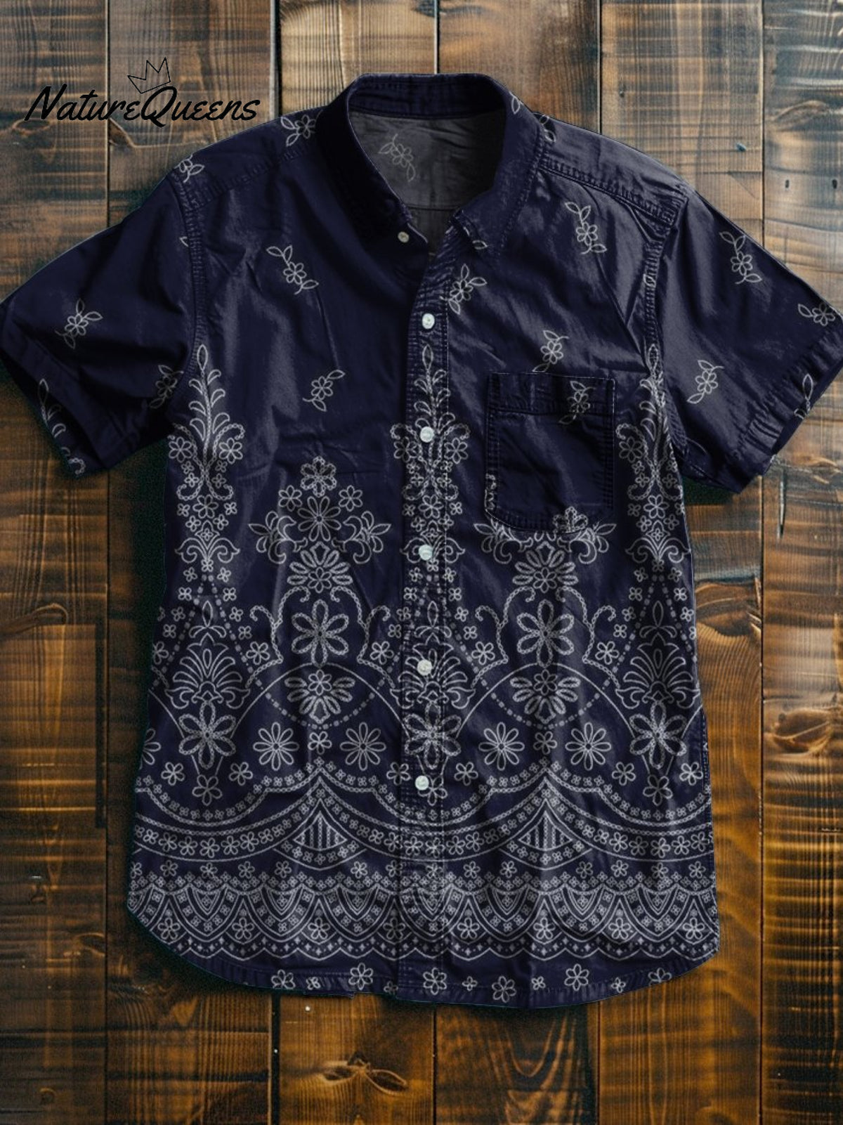 Navy Blue Bohemian Pattern Vintage Print Casual 100% Cotton Shirt