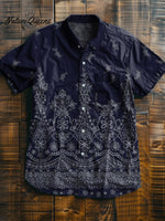 Navy Blue Bohemian Pattern Vintage Print Casual 100% Cotton Shirt