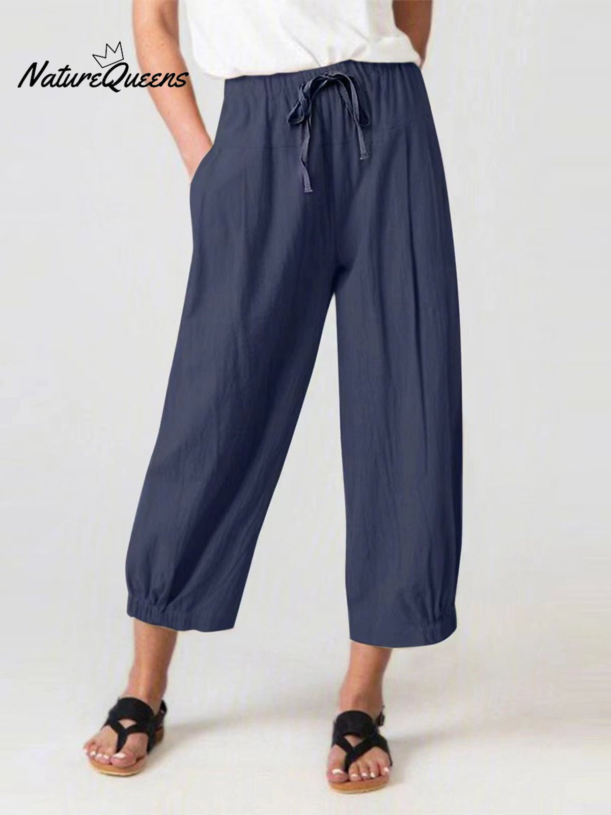 Women’s Slacks With Cotton And Linen Drawstring Pockets Blue / S