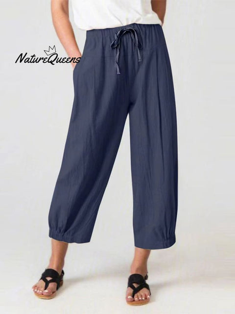 Women’s Slacks With Cotton And Linen Drawstring Pockets Blue / S