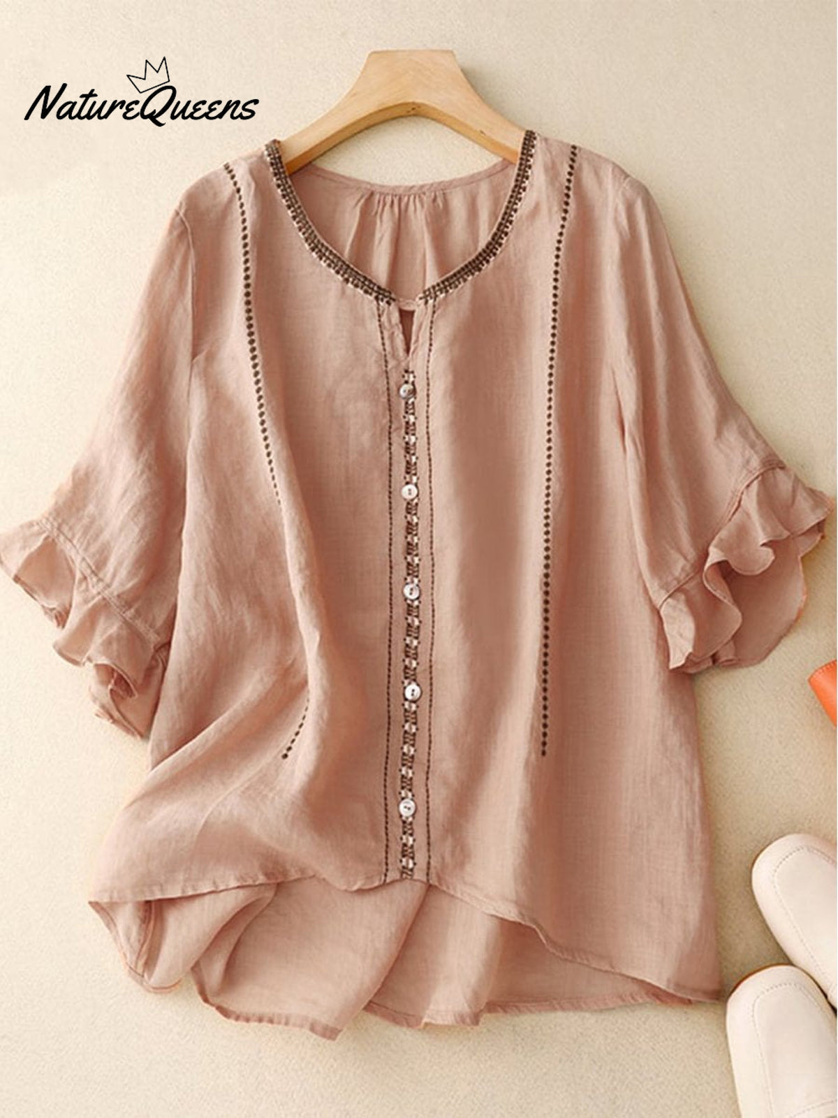 Loose Casual Embroidered Ruffle Sleeve Patchwork Shirt